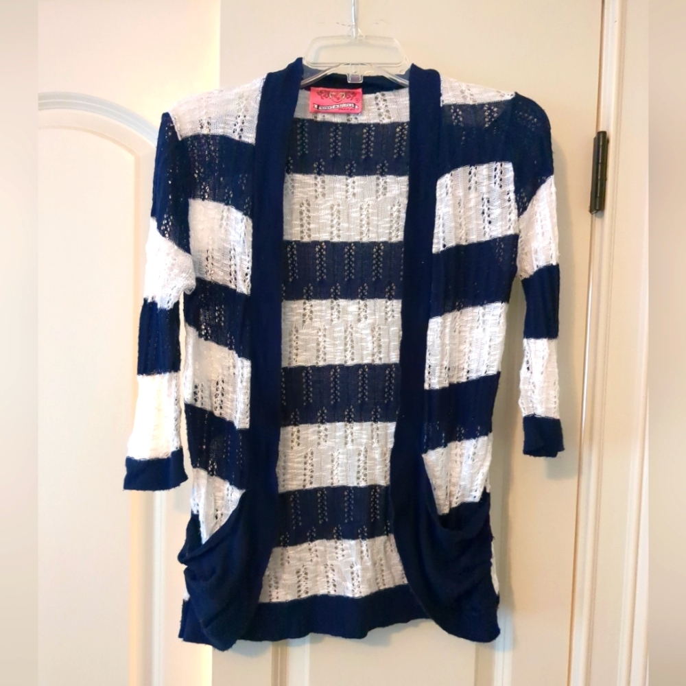 Navy and White Striped Open-Front Cardigan Sweater With Pockets